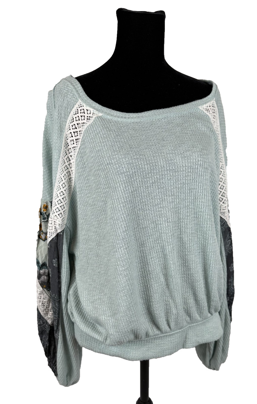 Free People Casual Clash Balloon Sleeve Mint Green Boho Blouse Size M